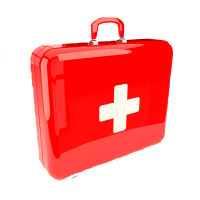 A shiny, bright red pet emergency kit with a white medical cross on the front.