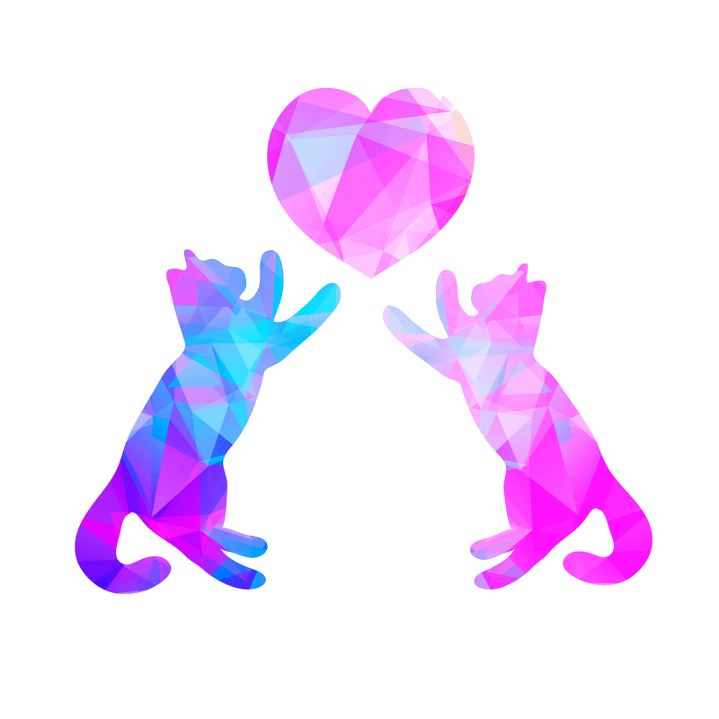 Two abstract kittens colored in angular blue and purple are batting at a magenta colored heart above them.